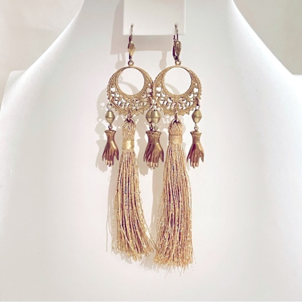 Elaborate Gold Hand Tassel Earrings
